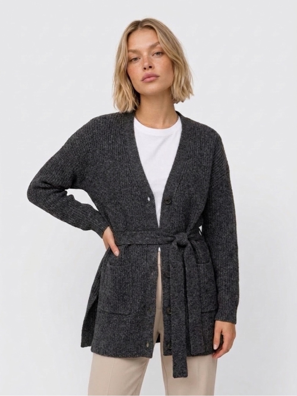 Joseph A. Charcoal Heather Ribbed Belted Cardigan Sweater with Pockets - NWT